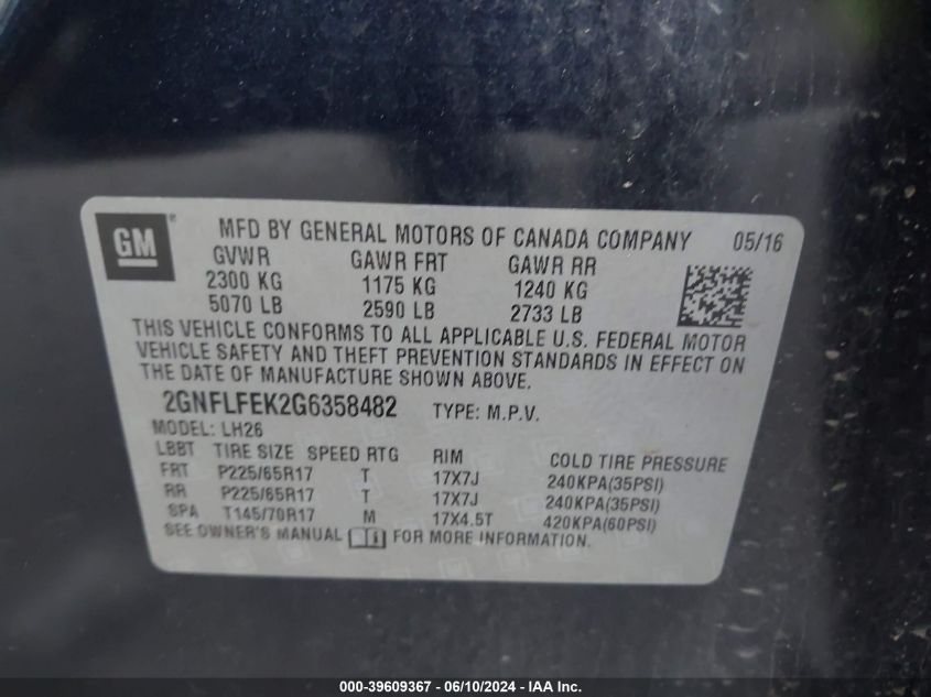 2016 Chevrolet Equinox Lt VIN: 2GNFLFEK2G6358482 Lot: 39609367