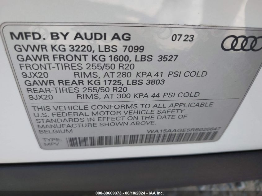 2024 Audi Q8 E-Tron Premium Plus VIN: WA15AAGE5RB026647 Lot: 39609373