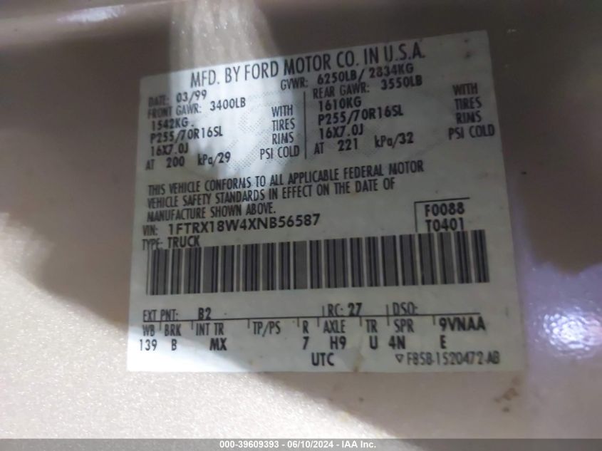 1999 Ford F-150 Lariat/Work Series/Xl/Xlt VIN: 1FTRX18W4XNB56587 Lot: 39609393