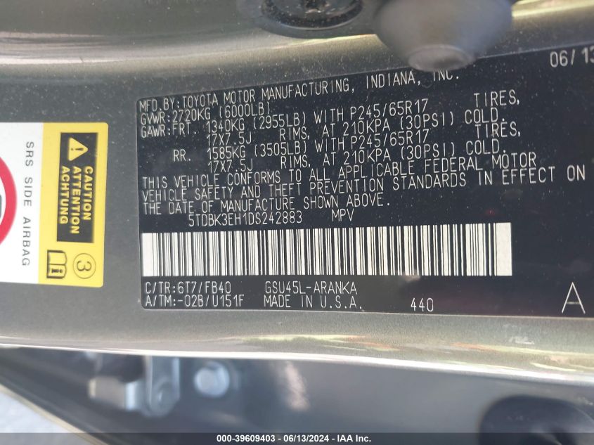 2013 Toyota Highlander Base V6 VIN: 5TDBK3EH1DS242883 Lot: 39609403