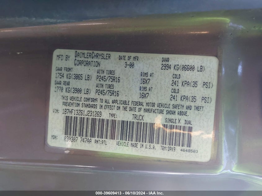 2001 Dodge Ram 1500 St VIN: 1B7HF13Z61J231269 Lot: 39609413