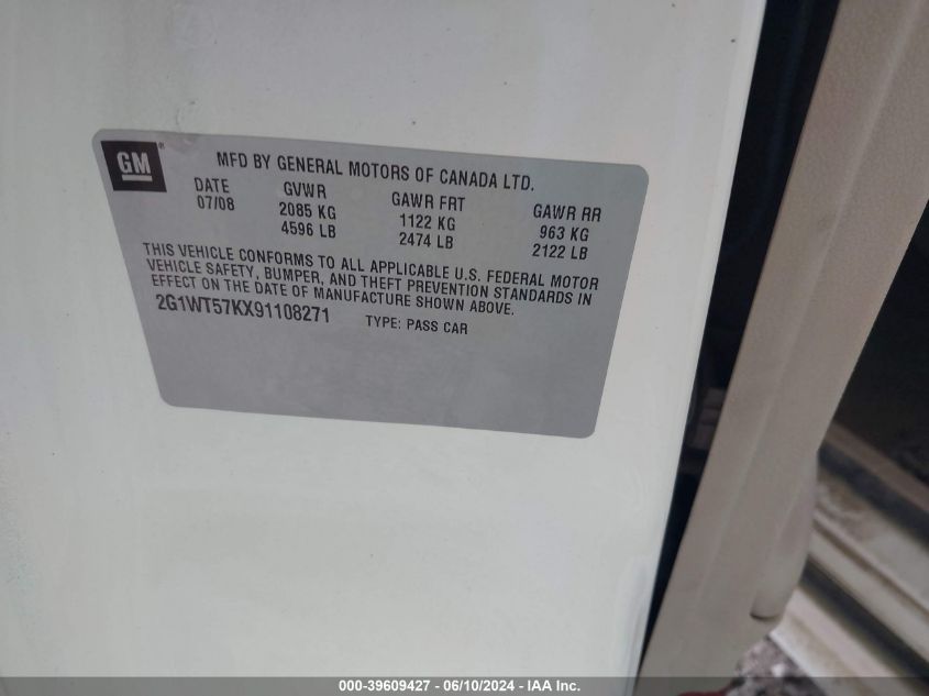 2009 Chevrolet Impala Lt VIN: 2G1WT57KX91108271 Lot: 39609427