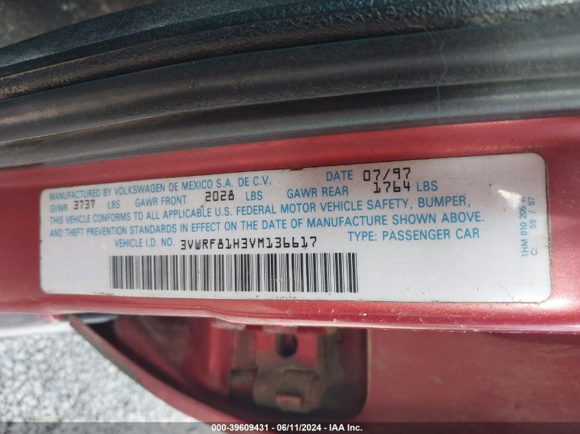 1997 Volkswagen Jetta Tdi VIN: 3VWRF81H3VM136617 Lot: 39609431