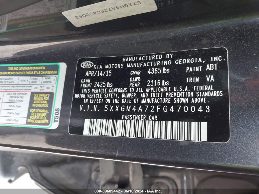 2015 Kia Optima Lx VIN: 5XXGM4A72FG470043 Lot: 39609442
