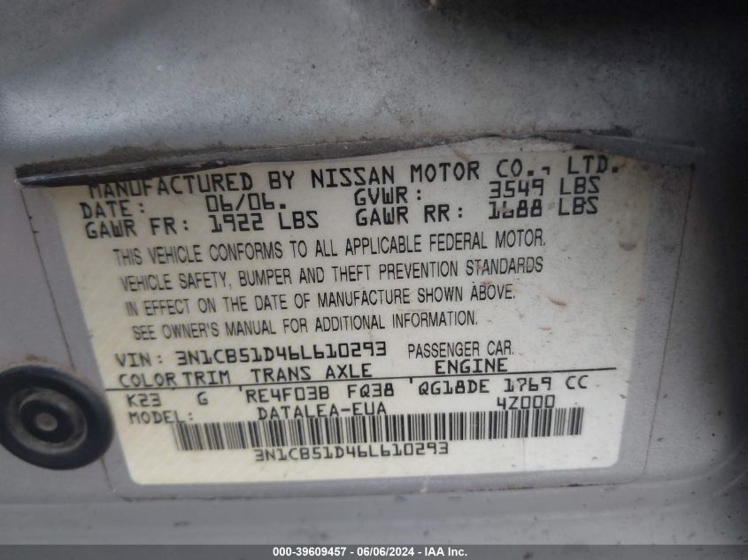 3N1CB51D46L610293 | 2006 NISSAN SENTRA