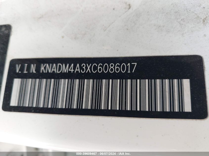 2012 Kia Rio Lx VIN: KNADM4A3XC6086017 Lot: 39609467