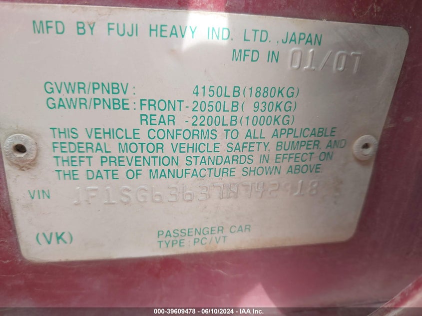 2007 Subaru Forester 2.5X/Sports 2.5X VIN: JF1SG63637H742918 Lot: 39609478