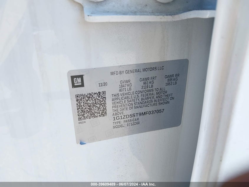2021 Chevrolet Malibu Fwd Lt VIN: 1G1ZD5ST9MF037057 Lot: 39609489