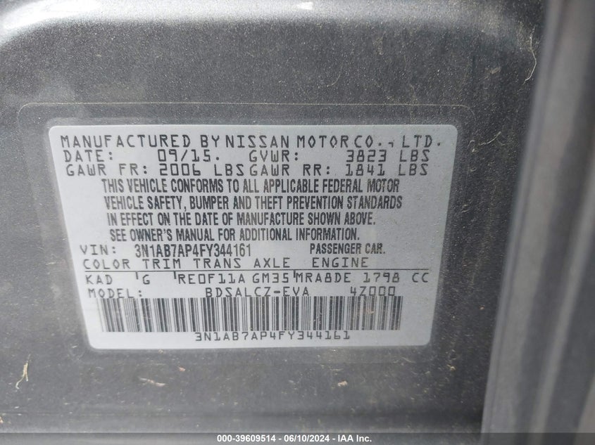 2015 Nissan Sentra S VIN: 3N1AB7AP4FY344161 Lot: 39609514