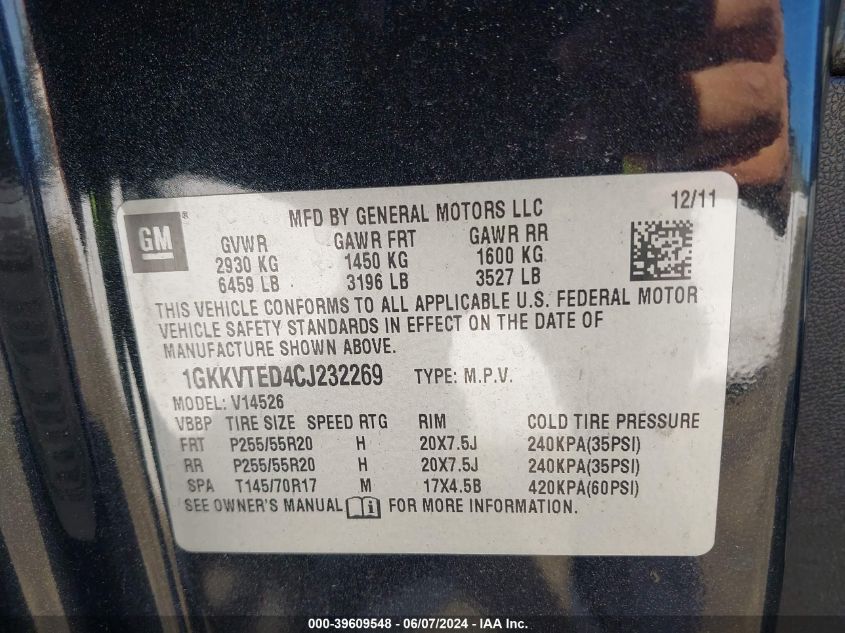 2012 GMC Acadia Denali VIN: 1GKKVTED4CJ232269 Lot: 39609548