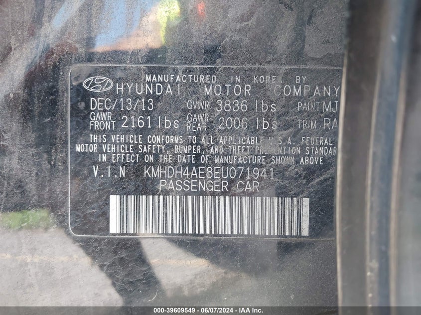 2014 Hyundai Elantra Se VIN: KMHDH4AE8EU071941 Lot: 39609549