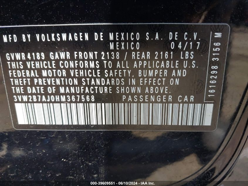 2017 Volkswagen Jetta 1.4T S VIN: 3VW2B7AJ0HM367568 Lot: 39609551