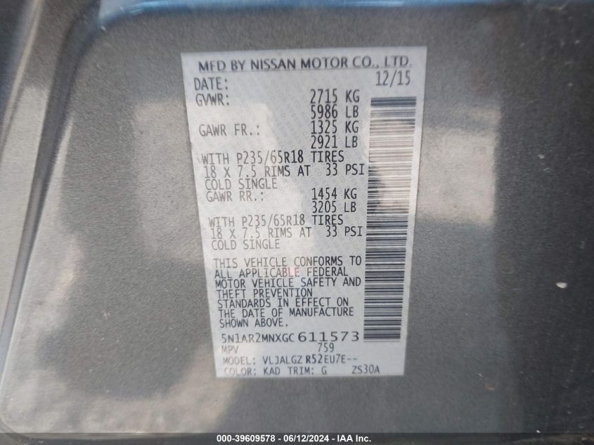 2016 Nissan Pathfinder Sl VIN: 5N1AR2MNXGC611573 Lot: 39609578