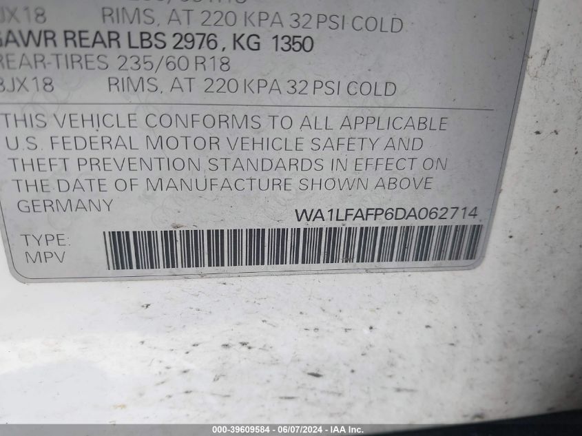 WA1LFAFP6DA062714 2013 Audi Q5 2.0T Premium