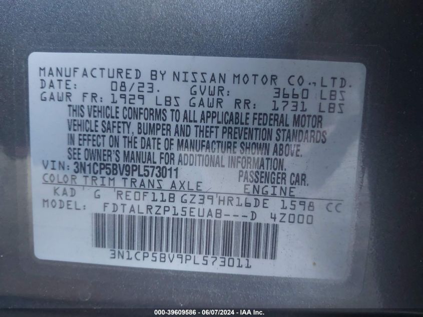 2023 Nissan Kicks S Xtronic Cvt VIN: 3N1CP5BV9PL573011 Lot: 39609586