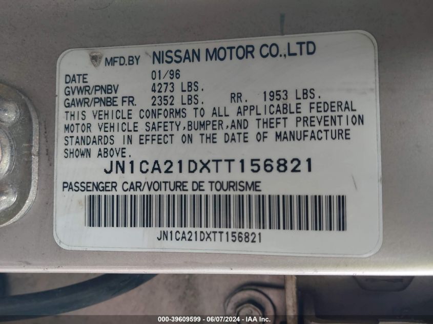 1996 Nissan Maxima Gle/Gxe/Se VIN: JN1CA21DXTT156821 Lot: 39609599