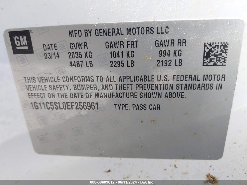 2014 Chevrolet Malibu 1Lt VIN: 1G11C5SL0EF256961 Lot: 39609612