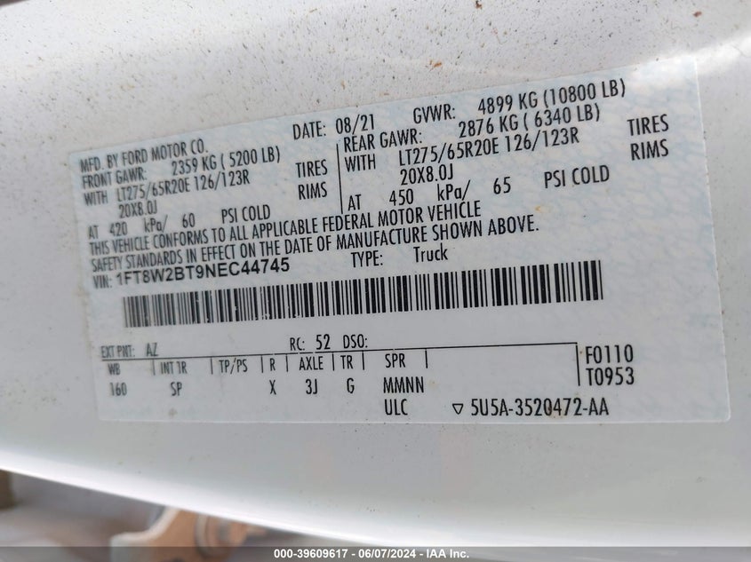 2022 Ford F-250 King Ranch VIN: 1FT8W2BT9NEC44745 Lot: 39609617