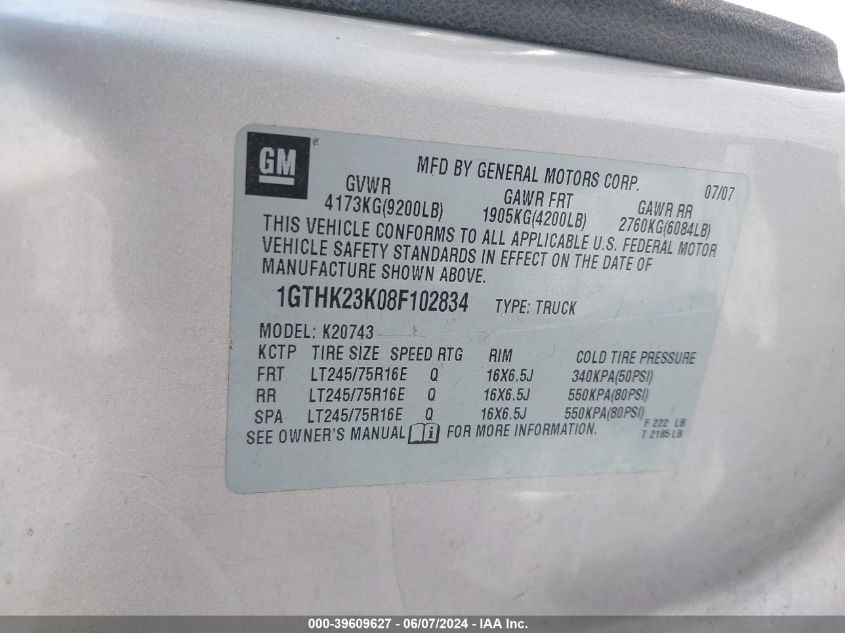 2008 GMC Sierra 2500Hd Sle1 VIN: 1GTHK23K08F102834 Lot: 39609627