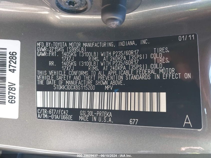 2011 Toyota Sienna Le V6 VIN: 5TDKK3DCXBS115200 Lot: 39609637