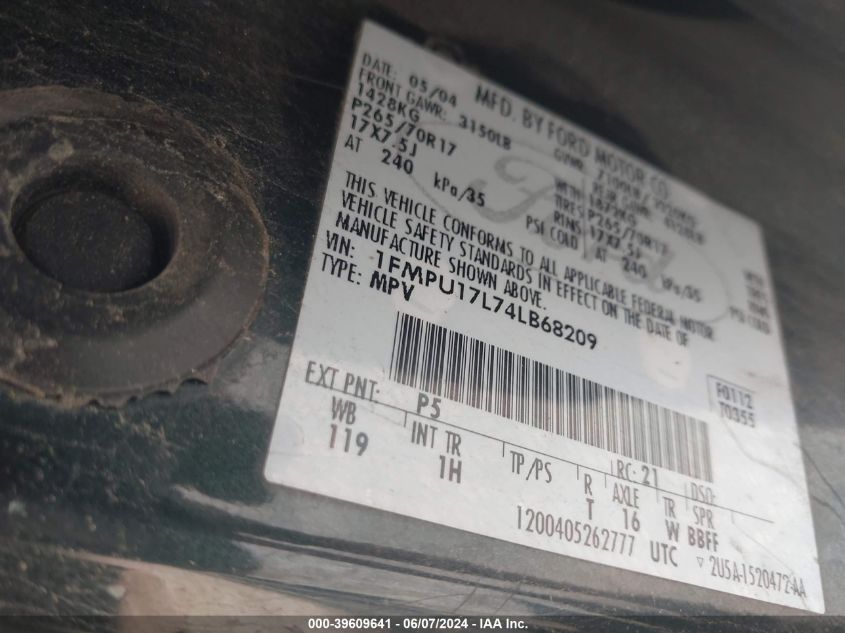 2004 Ford Expedition Eddie Bauer VIN: 1FMPU17L74LB68209 Lot: 39609641