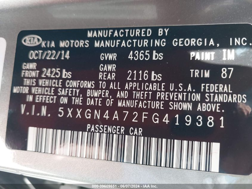 2015 Kia Optima Ex VIN: 5XXGN4A72FG419381 Lot: 39609651