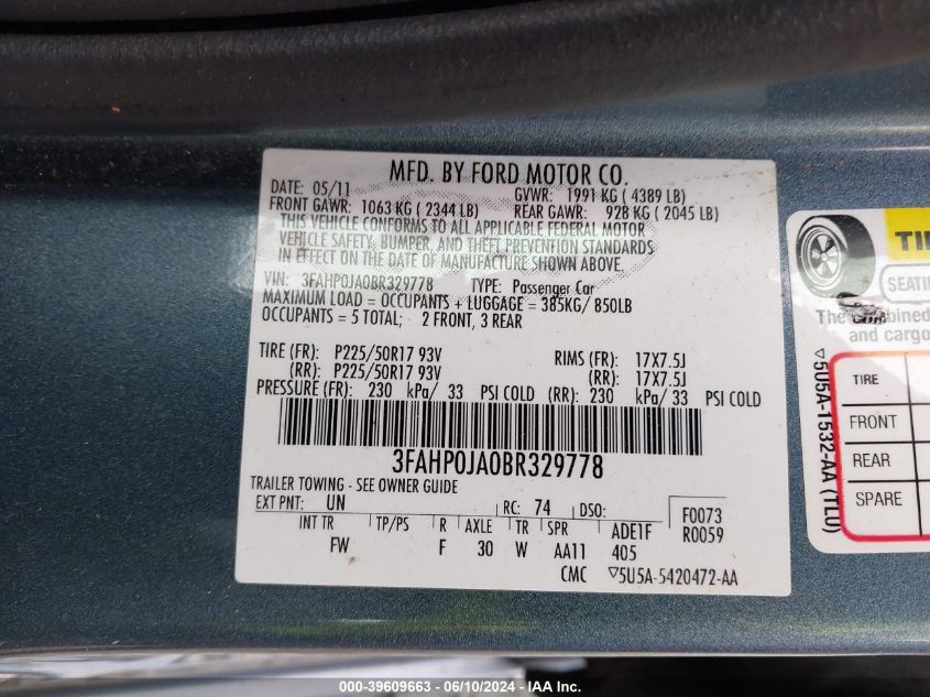 2011 Ford Fusion Sel VIN: 3FAHP0JA0BR329778 Lot: 39609663