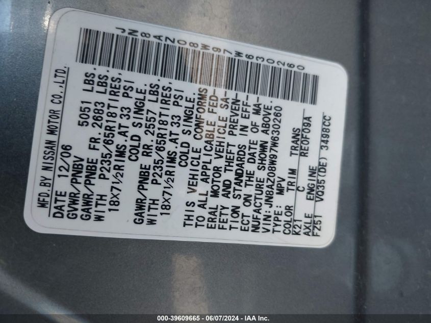 2007 Nissan Murano Se VIN: JN8AZ08W97W630260 Lot: 39609665