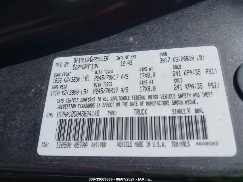 2004 Dodge Ram 1500 St/Slt VIN: 1D7HA18D04S624149 Lot: 39609666