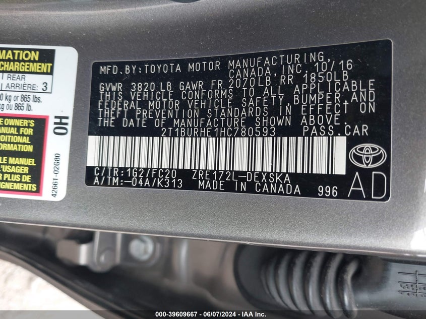 2017 Toyota Corolla Se VIN: 2T1BURHE1HC780593 Lot: 39609667