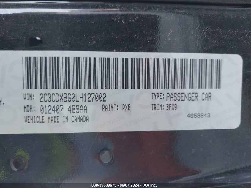 VIN 2C3CDXBG0LH127002 2020 DODGE CHARGER SXT