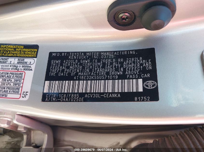 2005 Toyota Camry Le VIN: 4T1BE32K55U571019 Lot: 39609679