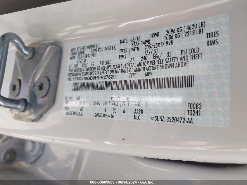 2017 Ford Escape Se VIN: 1FMCU0GD9HUB27629 Lot: 39609689