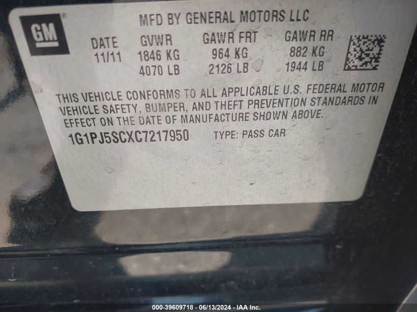 2012 Chevrolet Cruze Eco VIN: 1G1PJ5SCXC7217950 Lot: 39609718