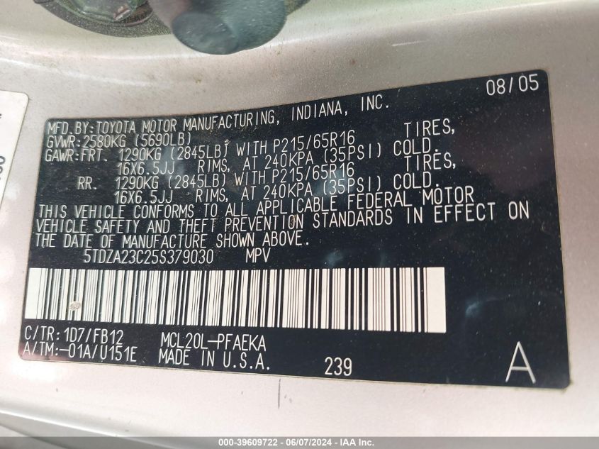 2005 Toyota Sienna Le VIN: 5TDZA23C25S379030 Lot: 39609722