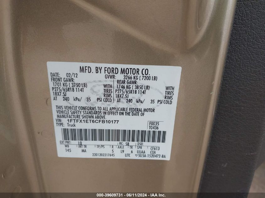 2012 Ford F-150 Xlt VIN: 1FTFX1ET6CFB10177 Lot: 39609731
