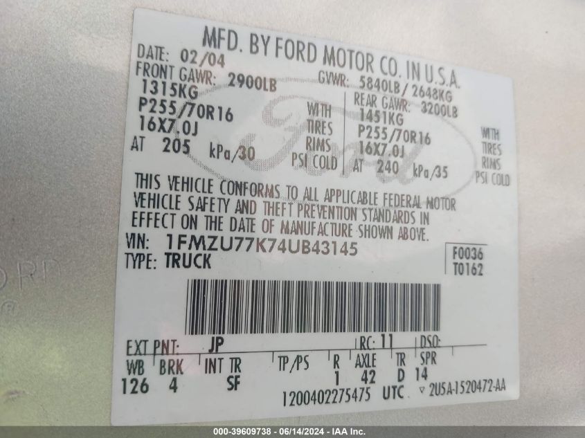 2004 Ford Explorer Sport Trac Adrenalin/Xls/Xlt VIN: 1FMZU77K74UB43145 Lot: 39609738