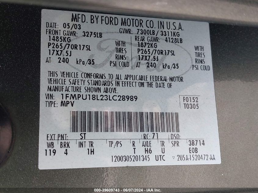 2003 Ford Expedition Eddie Bauer VIN: 1FMPU18L23LC28989 Lot: 39609743