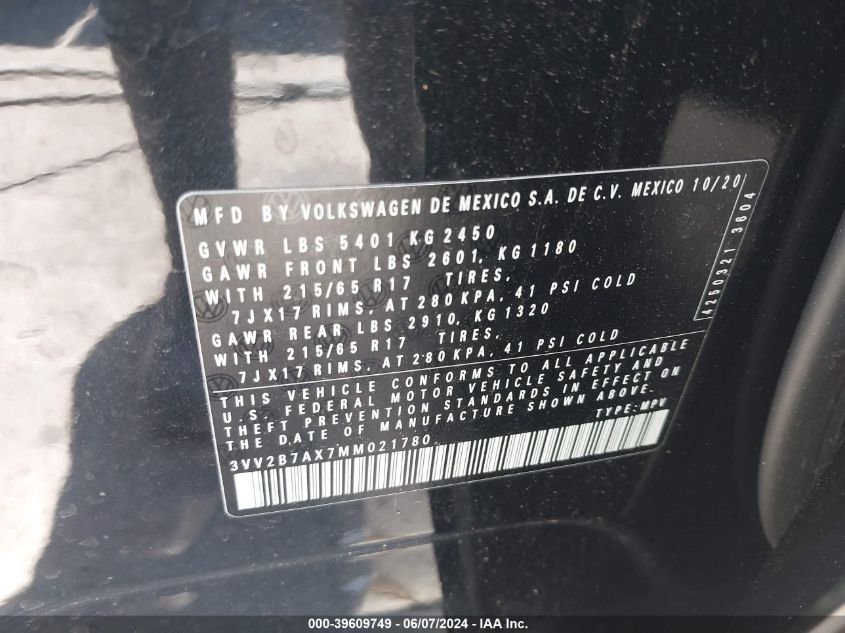 2021 Volkswagen Tiguan 2.0T Se/2.0T Se R-Line Black/2.0T Sel VIN: 3VV2B7AX7MM021780 Lot: 39609749