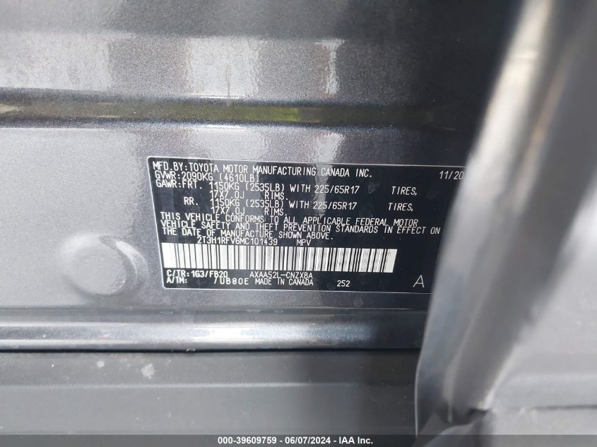 2021 Toyota Rav4 Le VIN: 2T3H1RFV6MC101439 Lot: 39609759