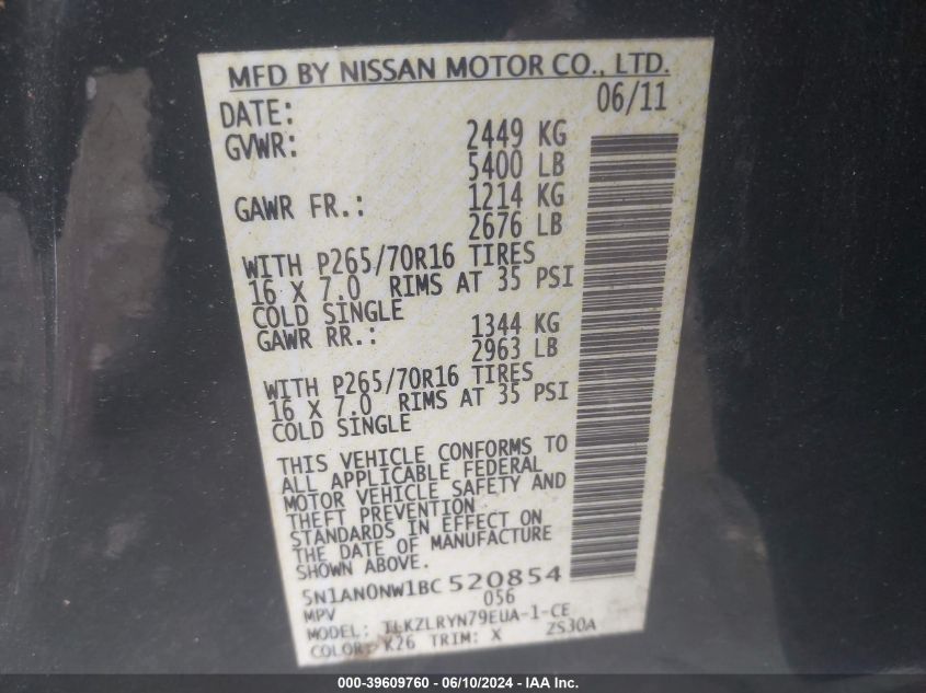 2011 Nissan Xterra S VIN: 5N1AN0NW1BC520854 Lot: 39609760