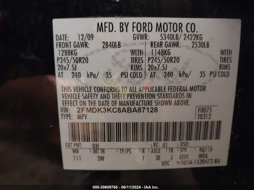 2010 Ford Edge Limited VIN: 2FMDK3KC8ABA87128 Lot: 39609765