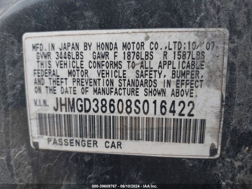 JHMGD38608S016422 | 2008 HONDA FIT