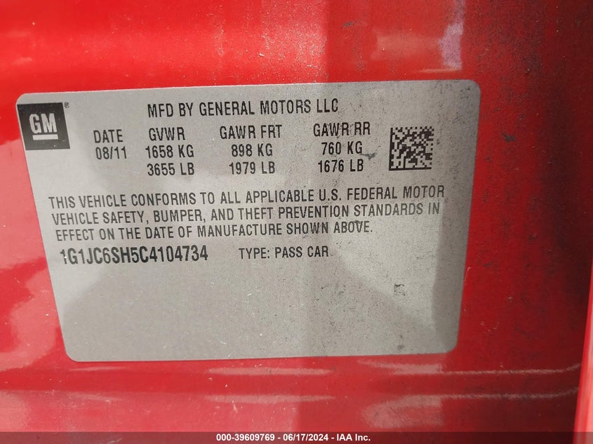 2012 Chevrolet Sonic 2Lt VIN: 1G1JC6SH5C4104734 Lot: 39609769