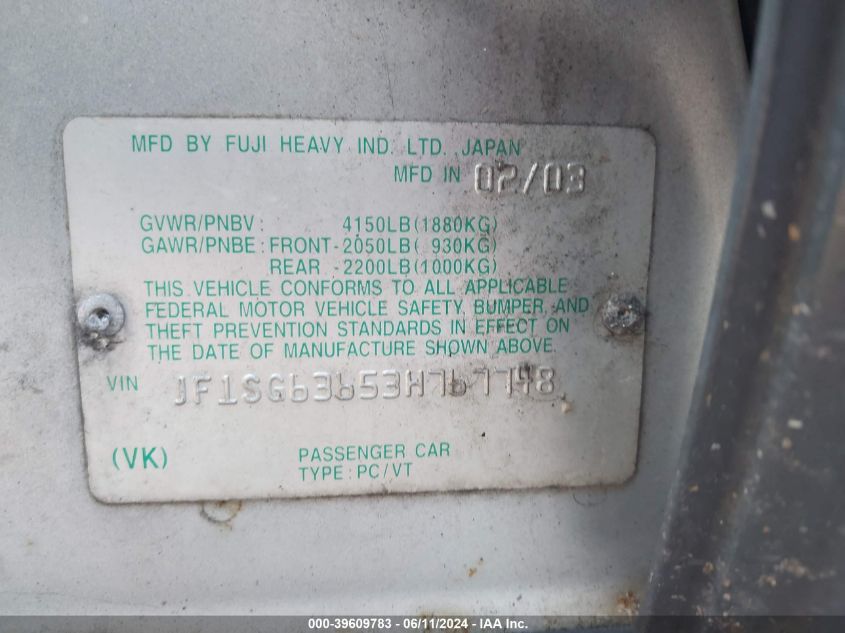 2003 Subaru Forester X VIN: JF1SG63653H767748 Lot: 39609783