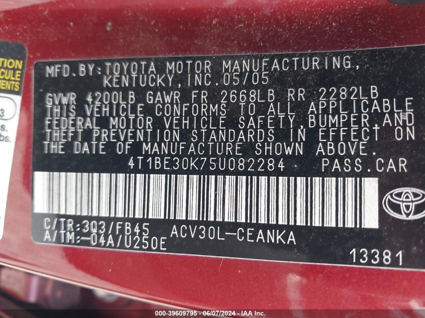 2005 Toyota Camry Le VIN: 4T1BE30K75U082284 Lot: 39609795
