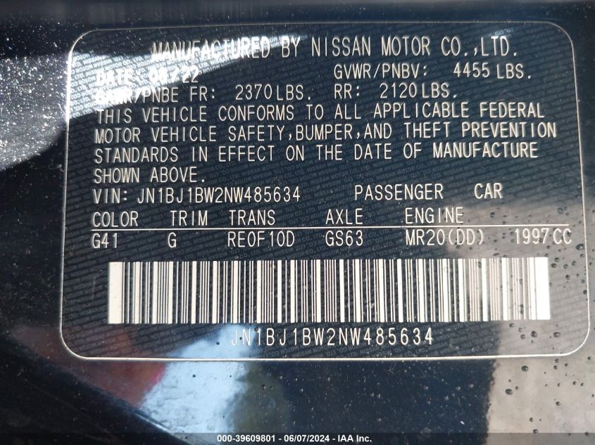 2022 Nissan Rogue Sport Sv Awd Xtronic Cvt VIN: JN1BJ1BW2NW485634 Lot: 39609801