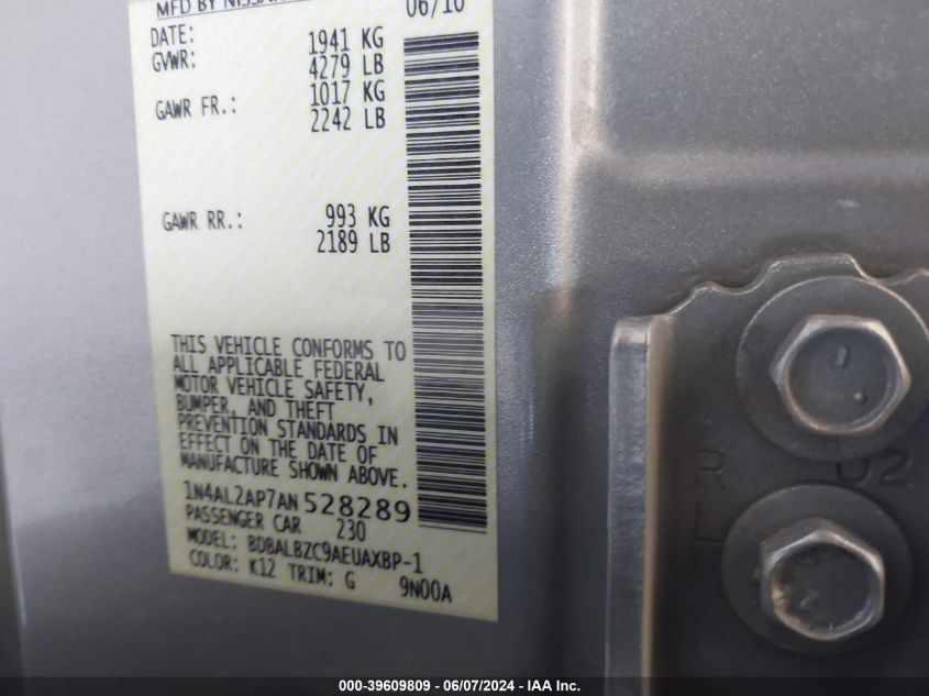 2010 Nissan Altima 2.5 S VIN: 1N4AL2AP7AN528289 Lot: 39609809