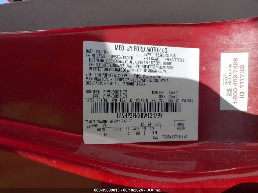 2011 Ford Focus Se VIN: 1FAHP3FNXBW124799 Lot: 39609813