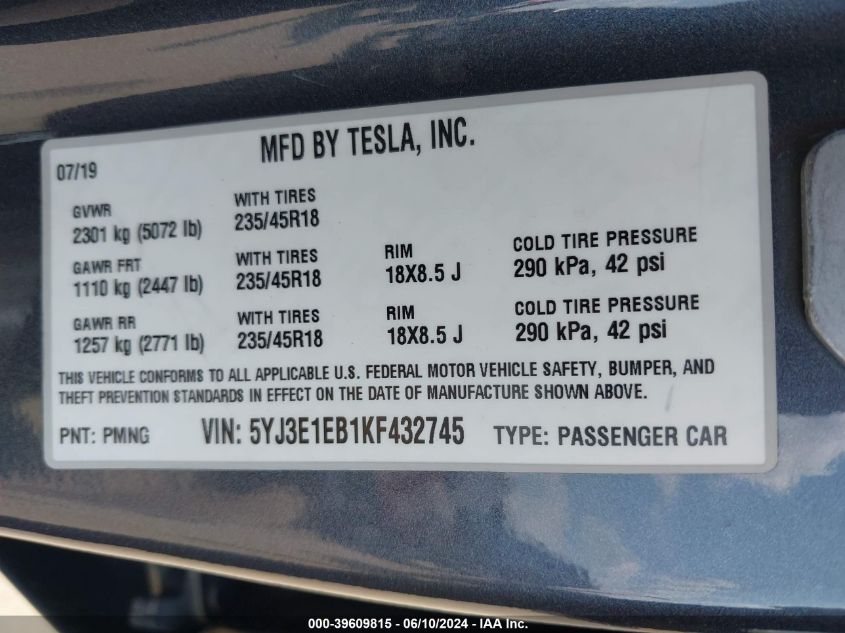 2019 TESLA MODEL 3 LONG RANGE/PERFORMANCE - 5YJ3E1EB1KF432745